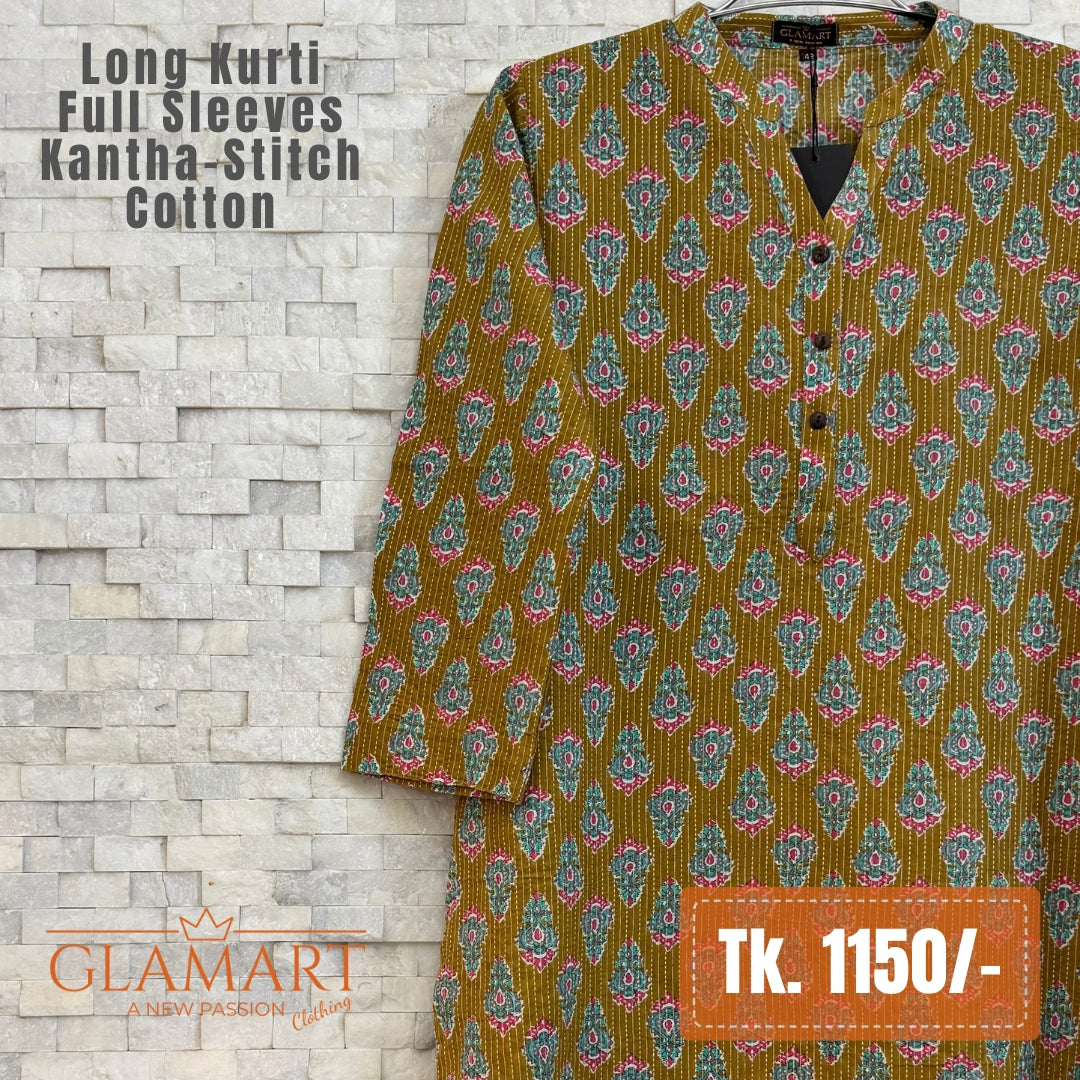 Kantha-Stitch Cotton Long Kurti - Mustard Brown & Teal Floral Print
