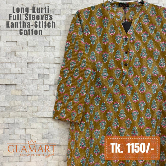 Kantha-Stitch Cotton Long Kurti - Mustard Brown & Teal Floral Print