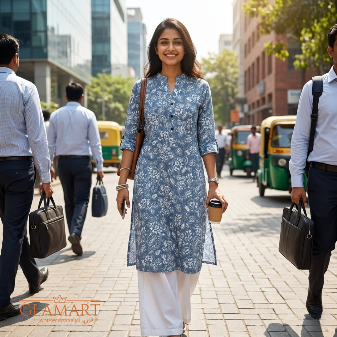 Jaipuri Cotton Long Kurti - Slate Blue & White Floral Print