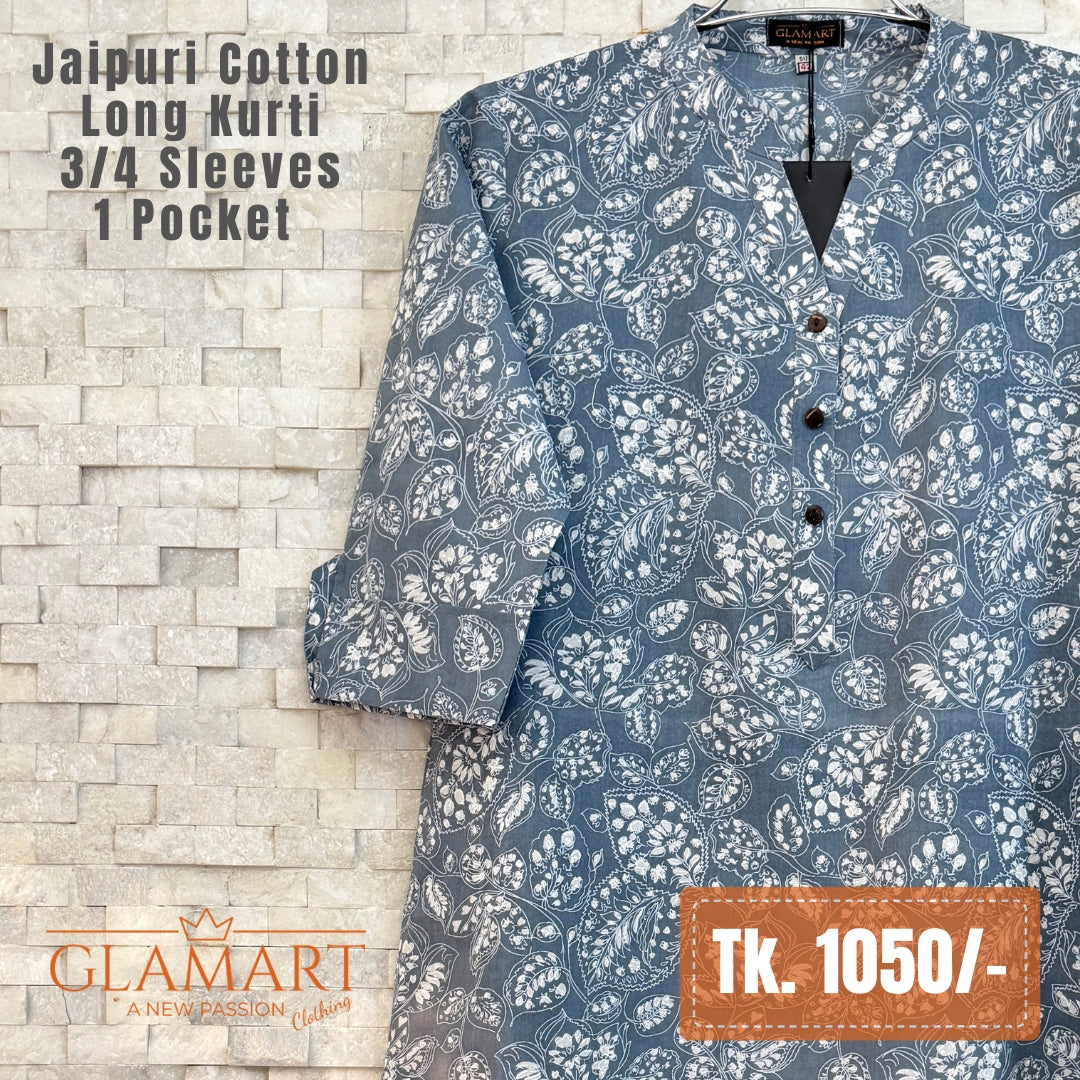 Jaipuri Cotton Long Kurti - Slate Blue & White Floral Print