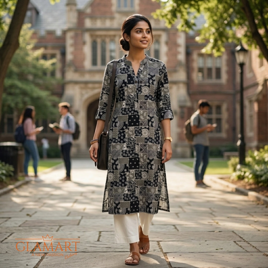 Jaipuri Cotton Long Kurti - Black & Grey Patchwork Print