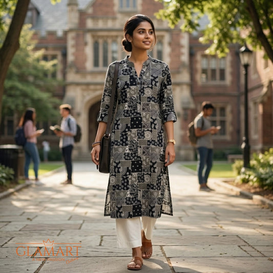 Jaipuri Cotton Long Kurti - Black & Grey Patchwork Print