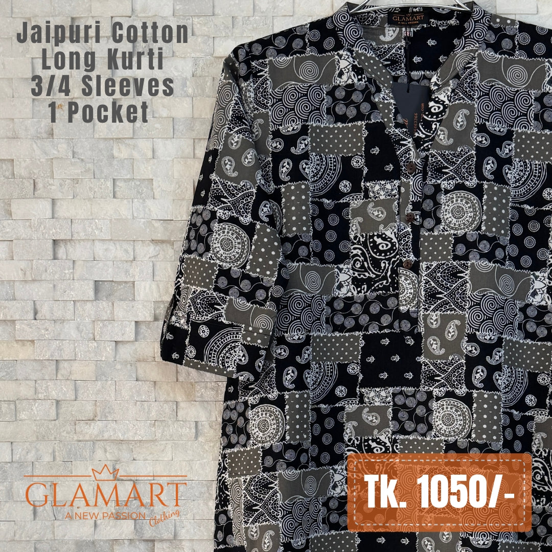 Jaipuri Cotton Long Kurti - Black & Grey Patchwork Print