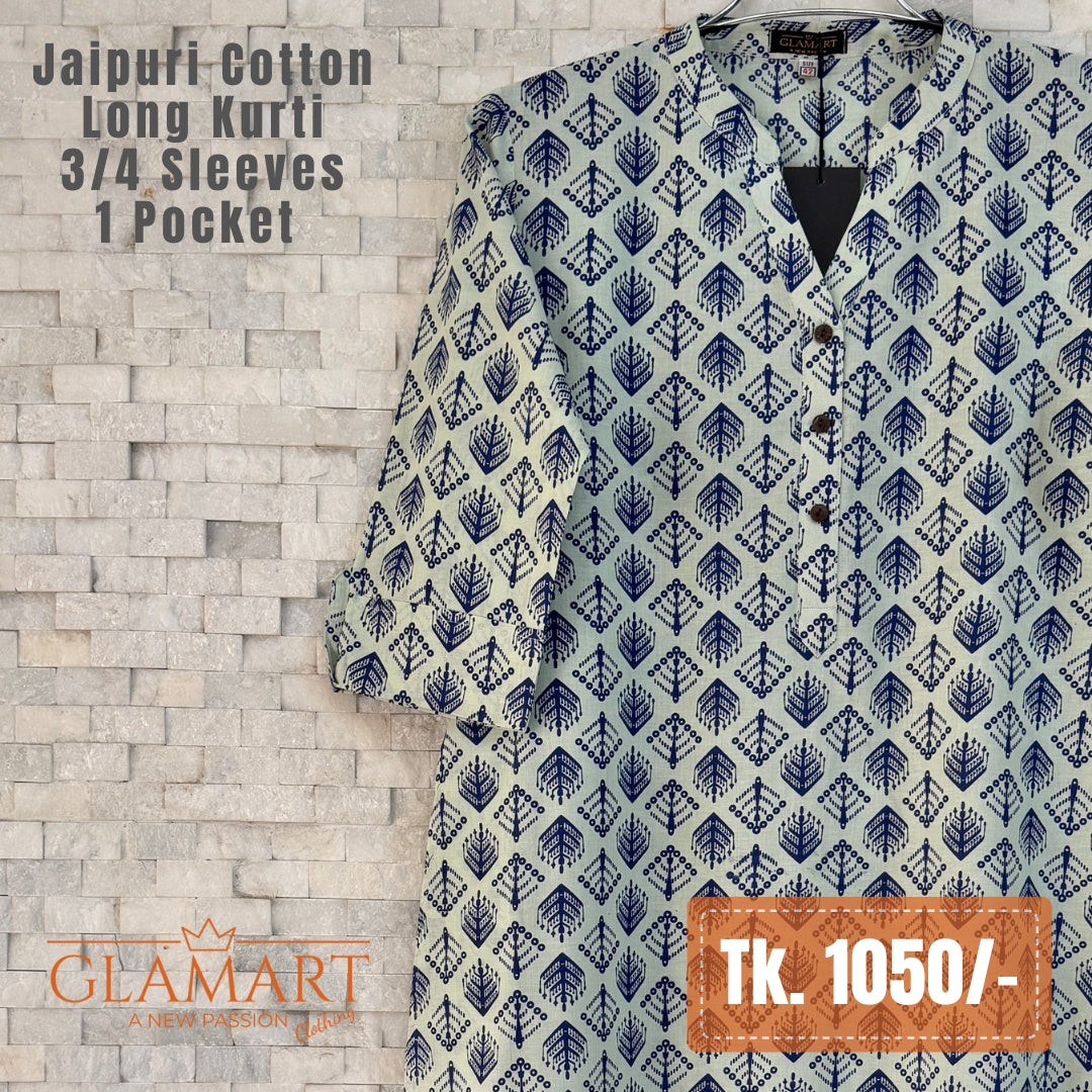Jaipuri Cotton Long Kurti - Off-White & Navy Geometric Leaf Print