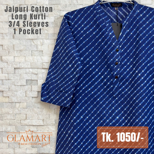 Jaipuri Cotton Long Kurti - Indigo Blue & White Vertical Striped Print