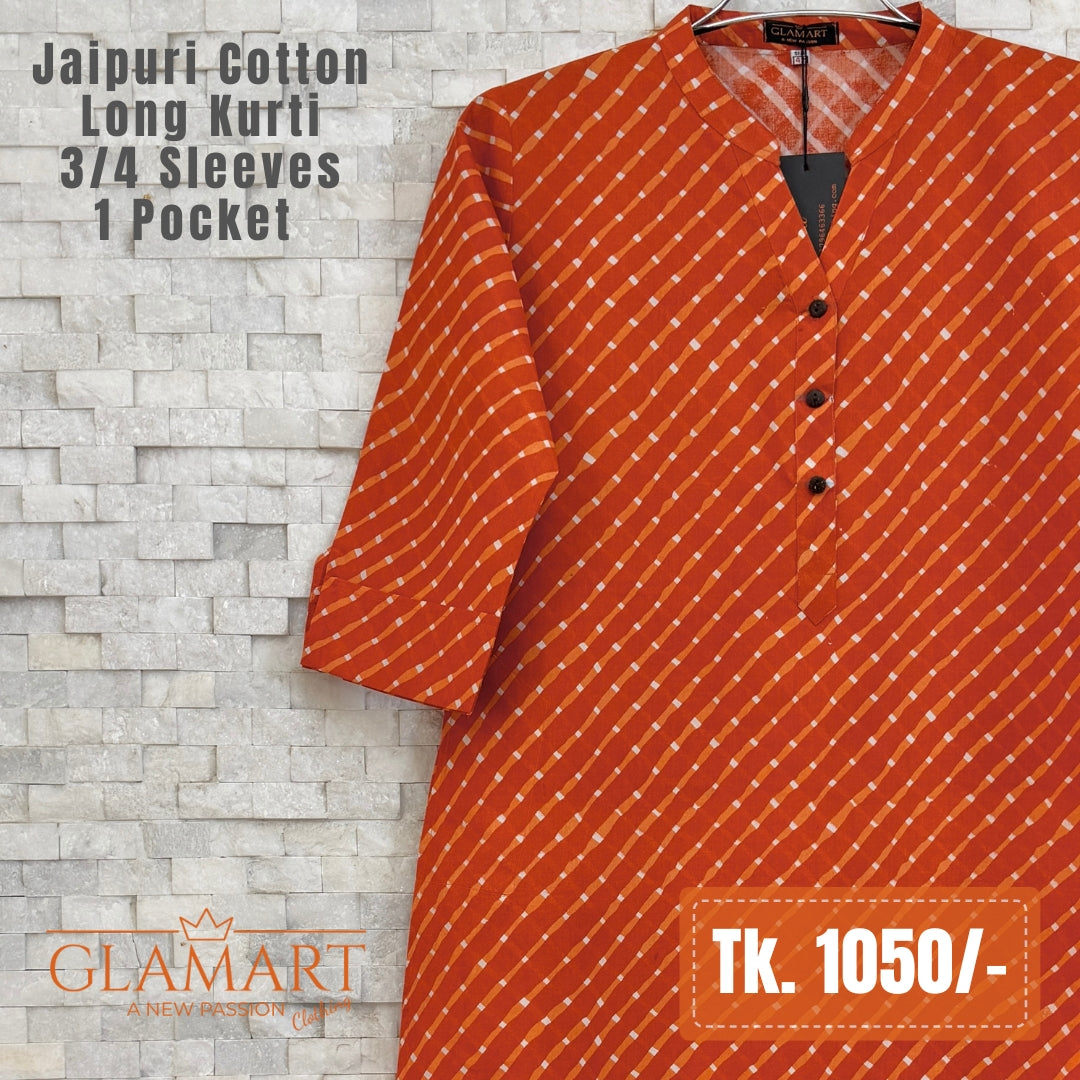 Jaipuri Cotton Long Kurti - Burnt Orange & White Vertical Striped Print