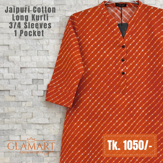 Jaipuri Cotton Long Kurti - Burnt Orange & White Vertical Striped Print