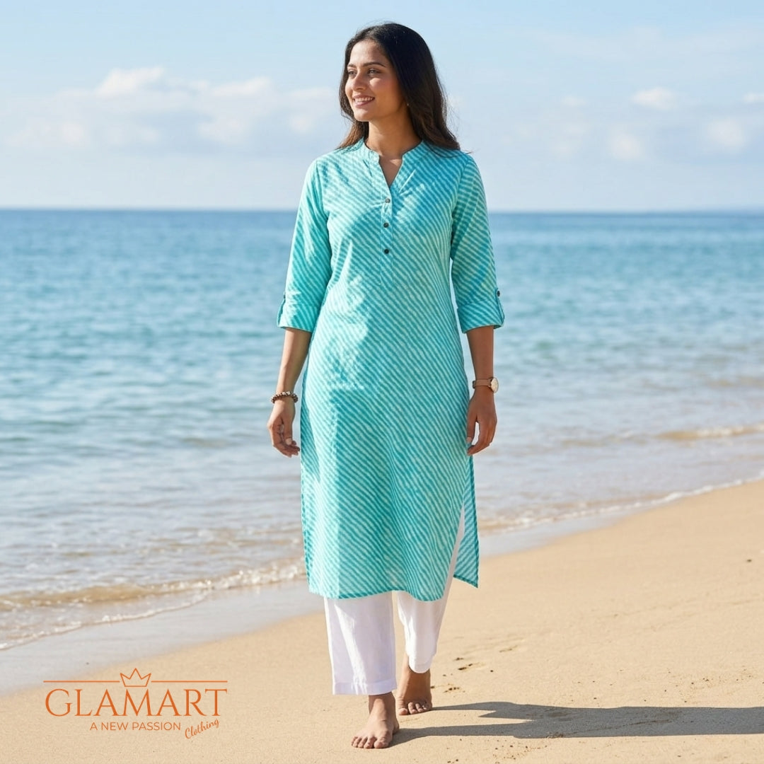 Jaipuri Cotton Long Kurti - Turquoise & White Ripple Print