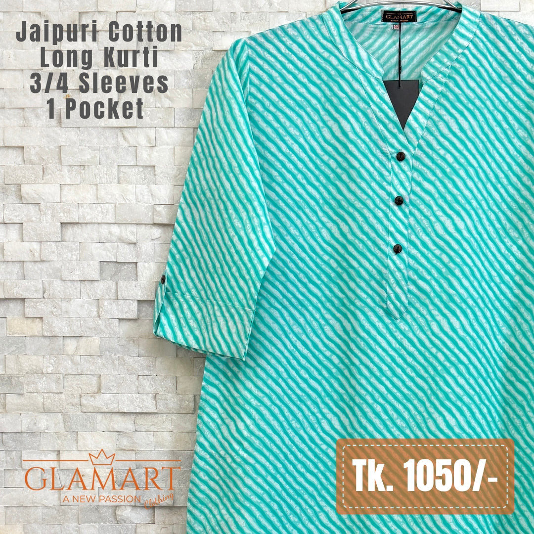 Jaipuri Cotton Long Kurti - Turquoise & White Ripple Print