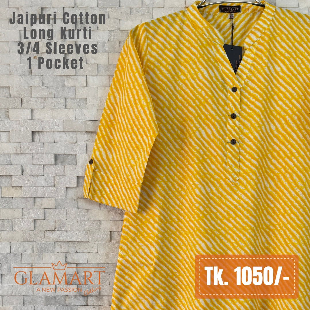 Jaipuri Cotton Long Kurti - Yellow & White Vertical Striped Print