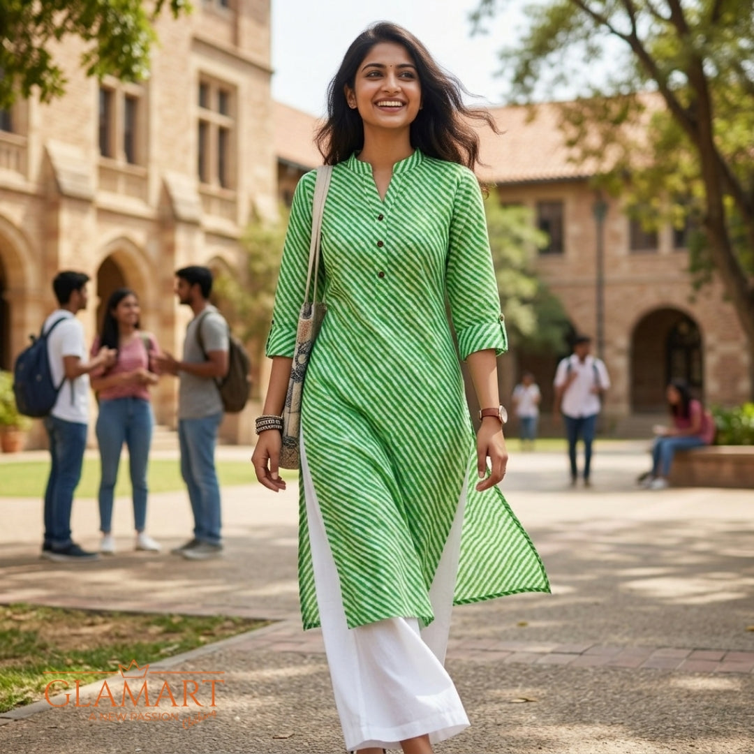 Jaipuri Cotton Long Kurti - Green & White Vertical Striped Print