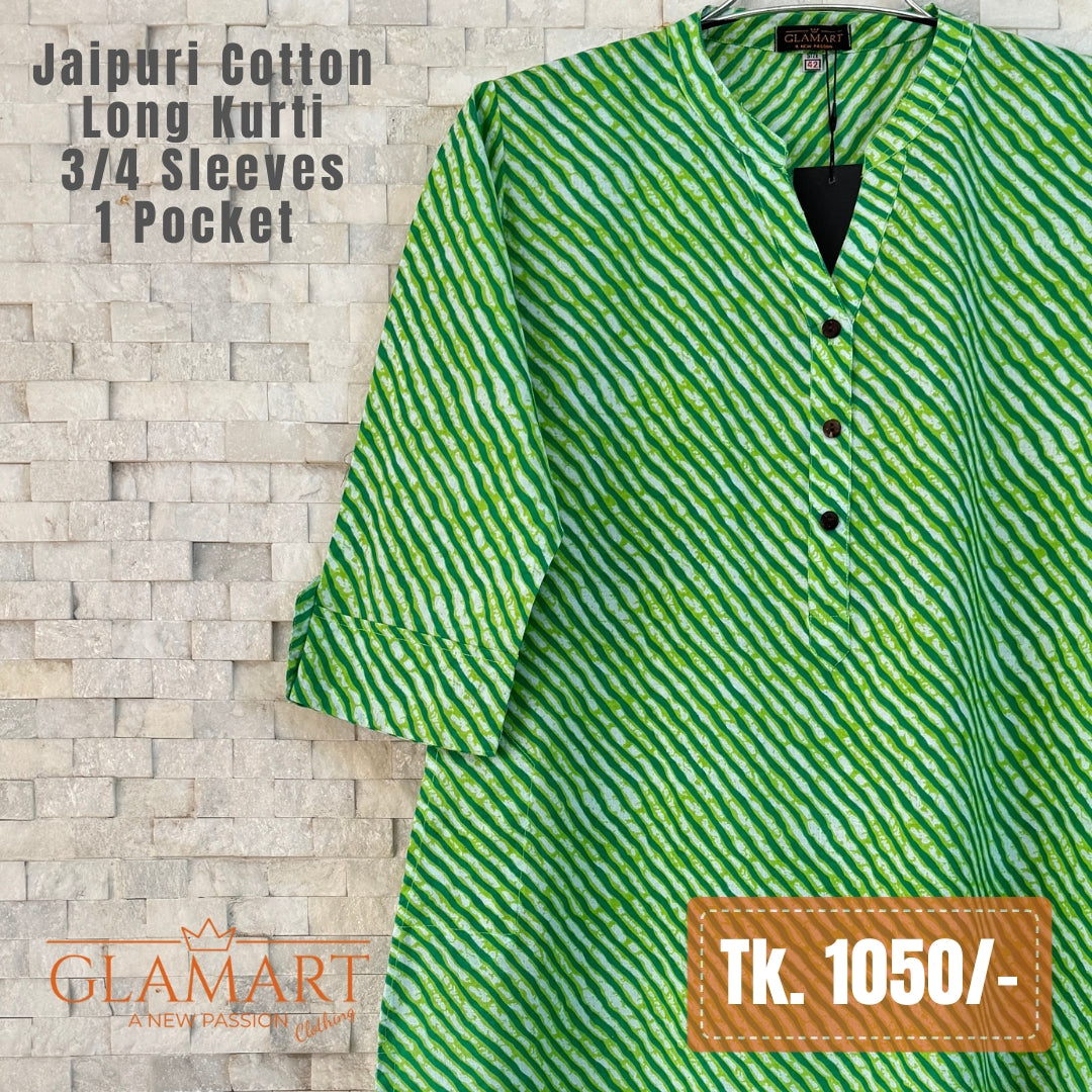 Jaipuri Cotton Long Kurti - Green & White Vertical Striped Print