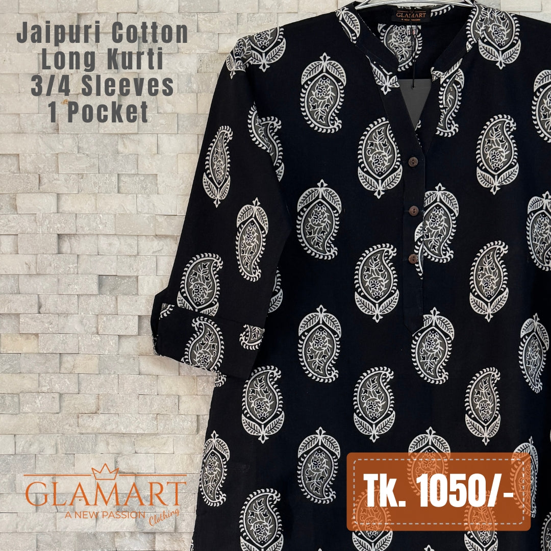 Jaipuri Cotton Long Kurti - Black & White Paisley Print