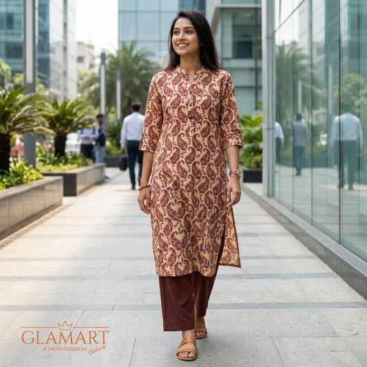 Jaipuri Cotton Long Kurti - Peach & Maroon Paisley Print