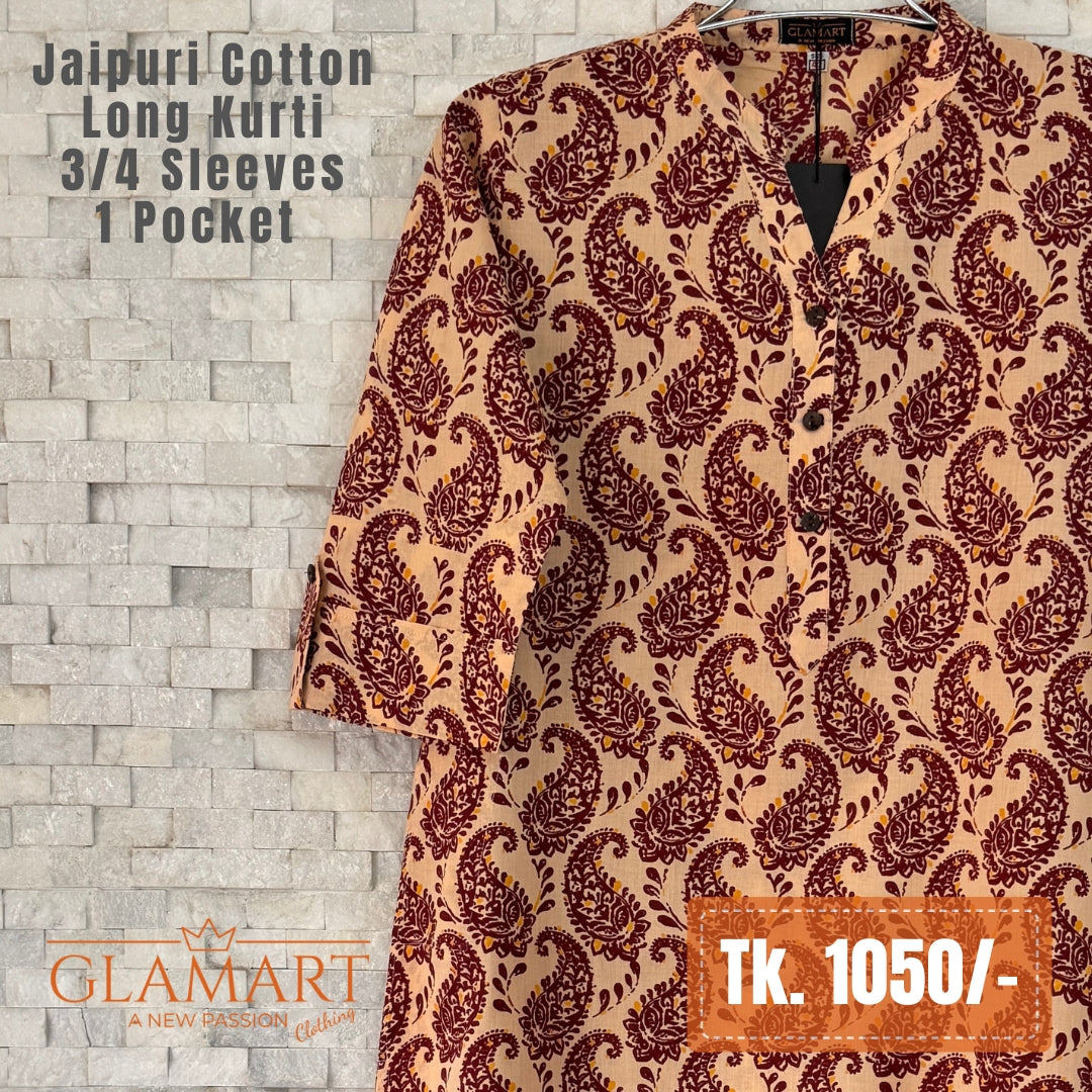 Jaipuri Cotton Long Kurti - Peach & Maroon Paisley Print