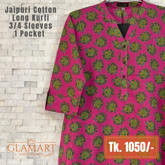 Jaipuri Cotton Long Kurti - Magenta & Green Floral Print
