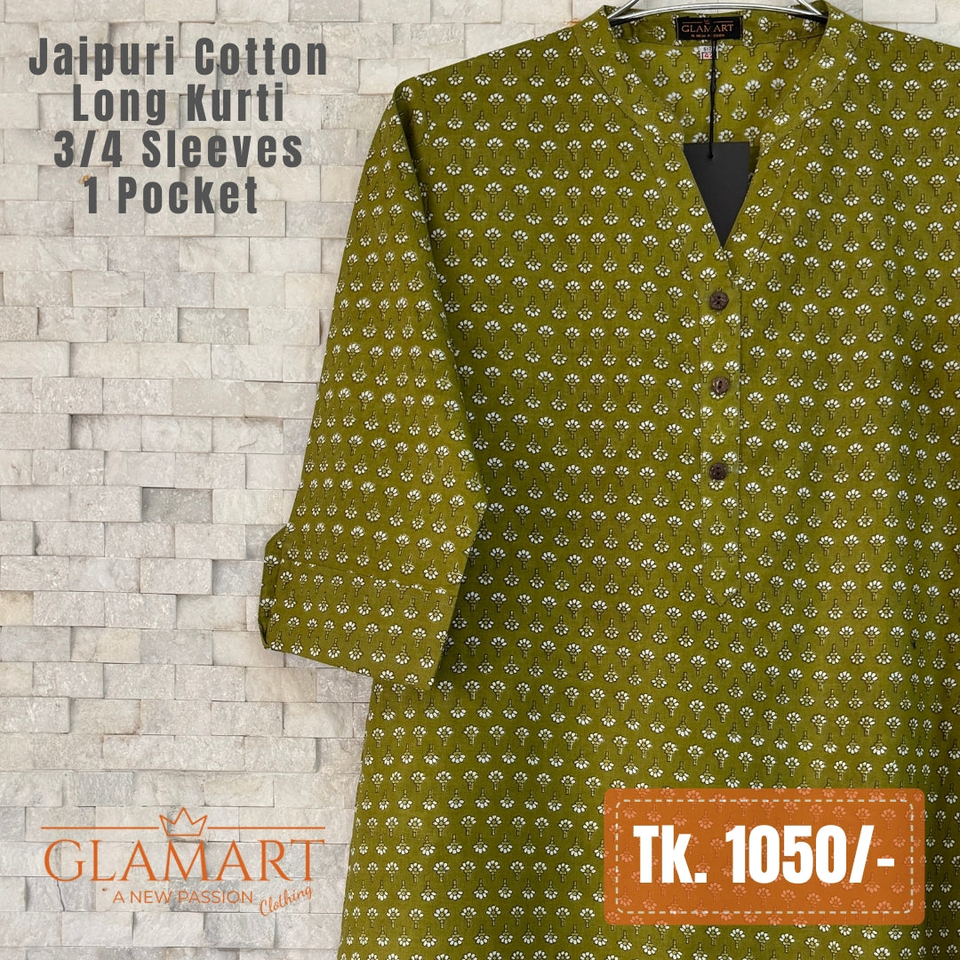 Jaipuri Cotton Long Kurti - Olive Green & White Floral Print