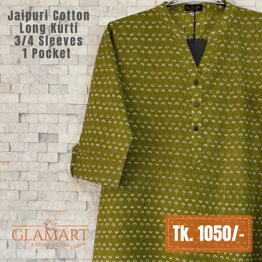 Jaipuri Cotton Long Kurti - Olive Green & White Floral Print
