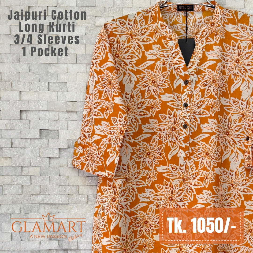 Jaipuri Cotton Long Kurti - Saffron & White Floral Print