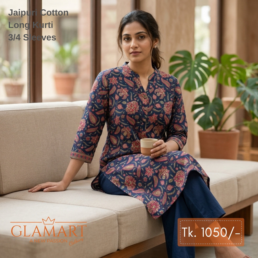 Jaipuri Cotton Long Kurti - Navy Blue & Deep Red Floral Print