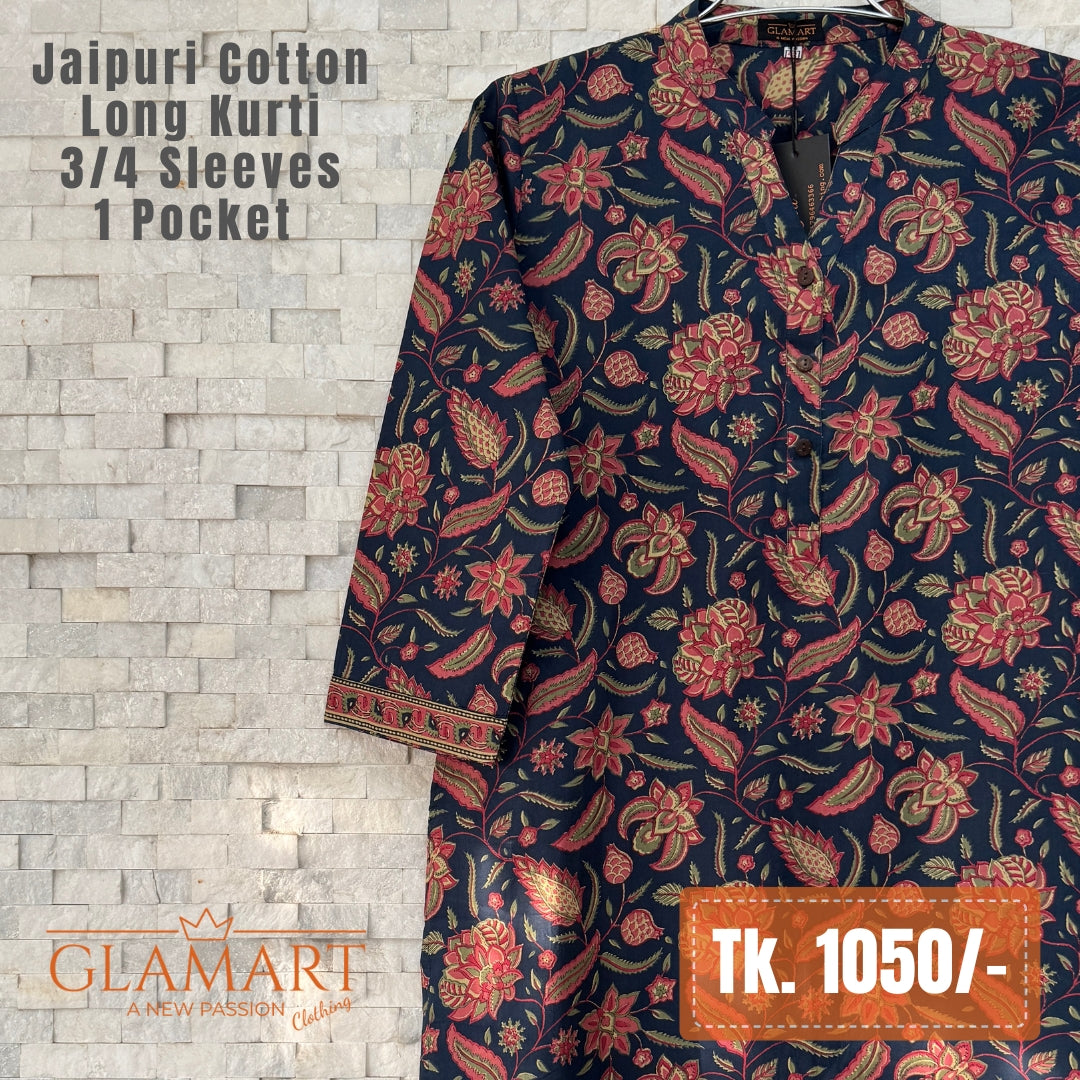 Jaipuri Cotton Long Kurti - Navy Blue & Deep Red Floral Print