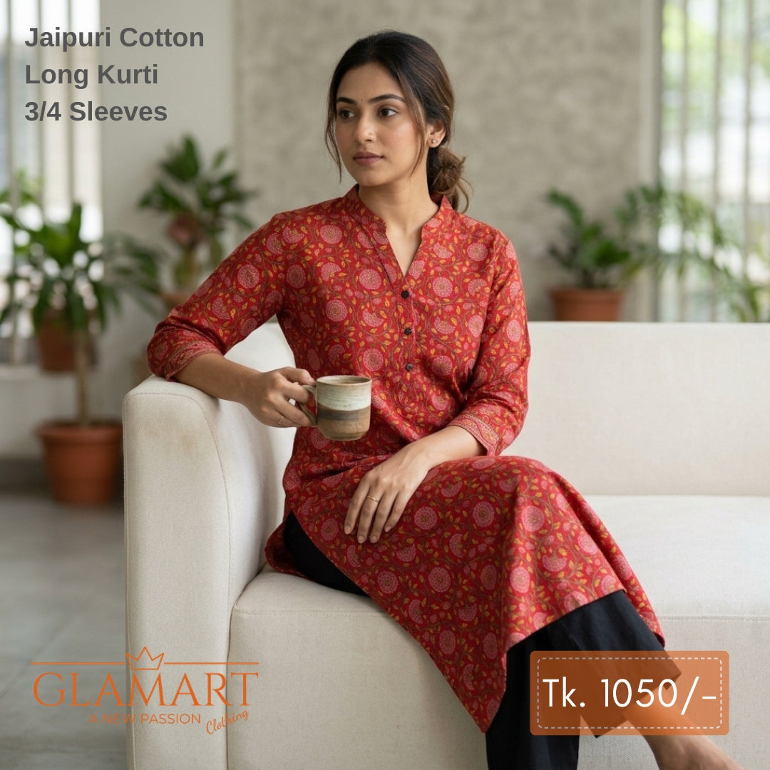 Jaipuri Cotton Long Kurti - Red & Pink Floral Vine Print