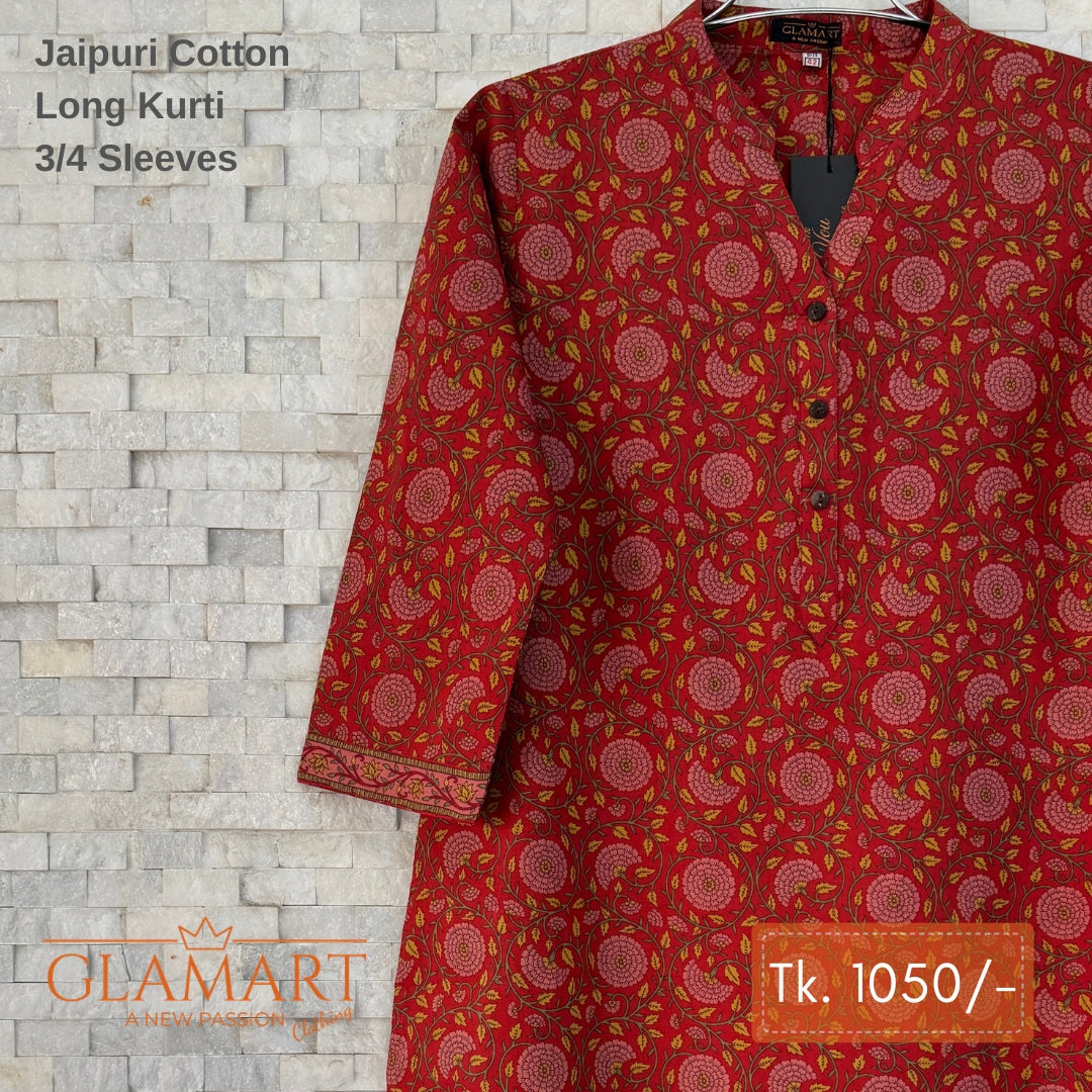 Jaipuri Cotton Long Kurti - Red & Pink Floral Vine Print