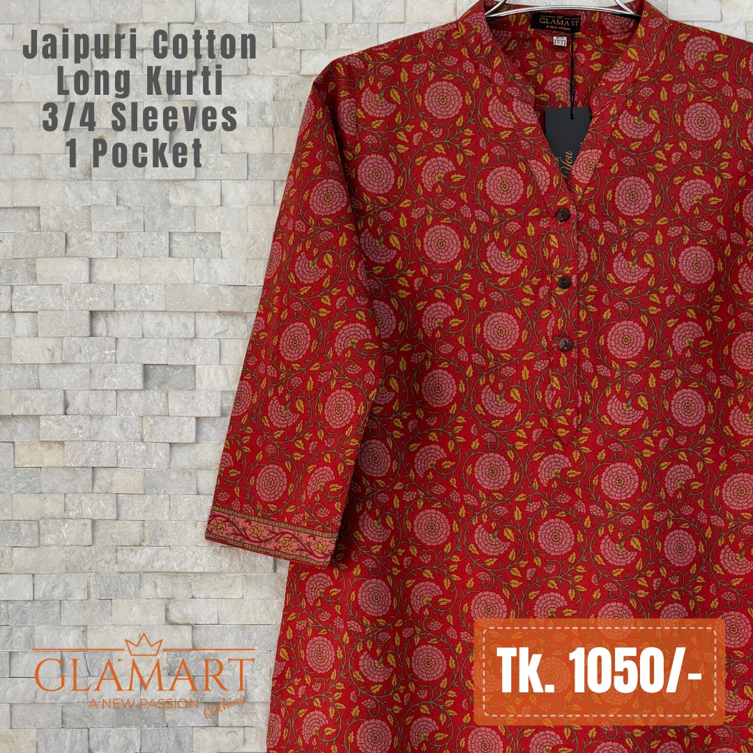Jaipuri Cotton Long Kurti - Red & Pink Floral Vine Print