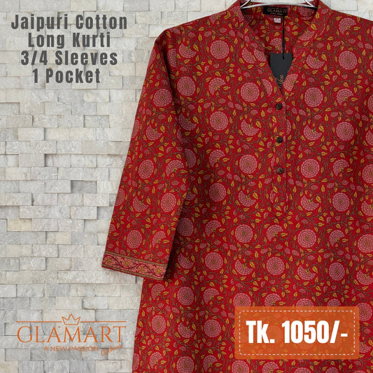 Jaipuri Cotton Long Kurti - Red & Pink Floral Vine Print