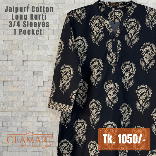 Jaipuri Cotton Long Kurti - Black & Beige Floral Butti Print