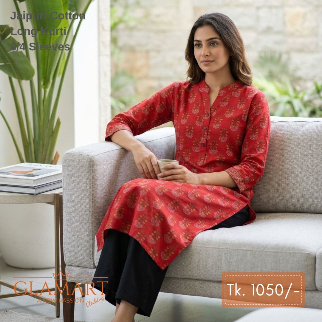 Jaipuri Cotton Long Kurti - Red & Pink Floral Butti Print