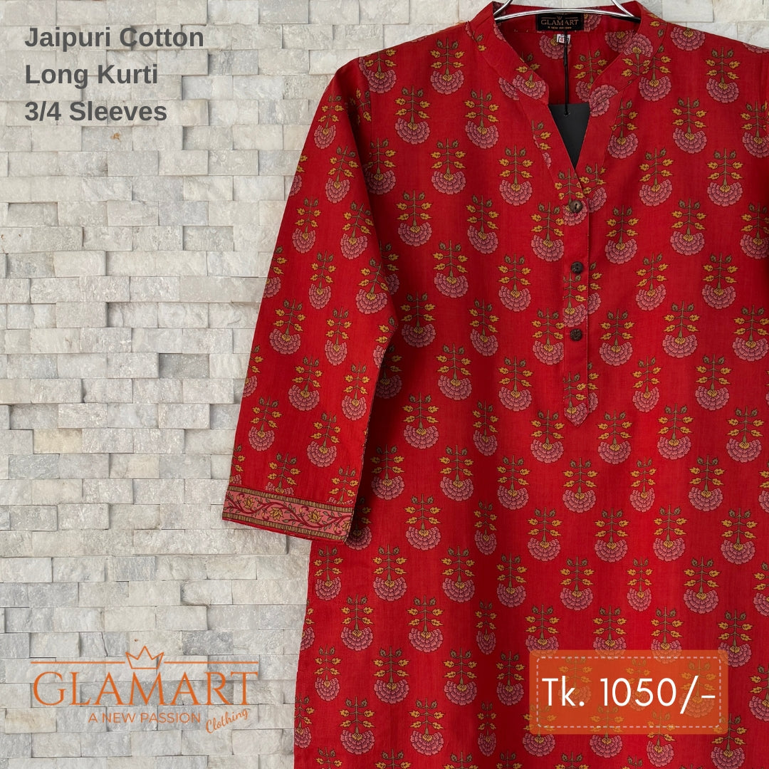 Jaipuri Cotton Long Kurti - Red & Pink Floral Butti Print
