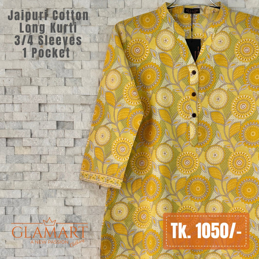 Jaipuri Cotton Long Kurti - Yellow & Olive Green Floral Print