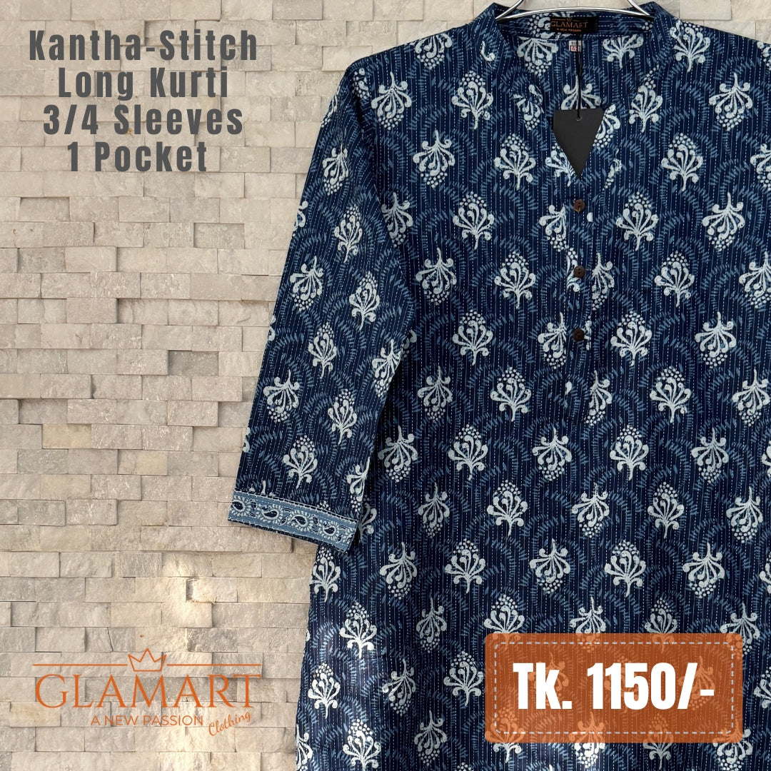 Kantha-Stitch Cotton Long Kurti - Navy Blue & White Floral Butti Print