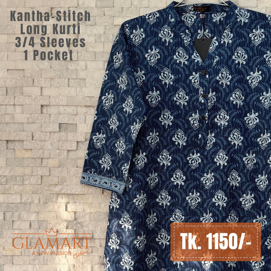 Kantha-Stitch Cotton Long Kurti - Navy Blue & White Floral Butti Print