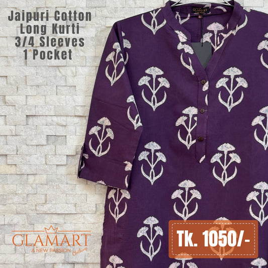 Jaipuri Cotton Long Kurti - Deep Plum with White Floral Butti Print