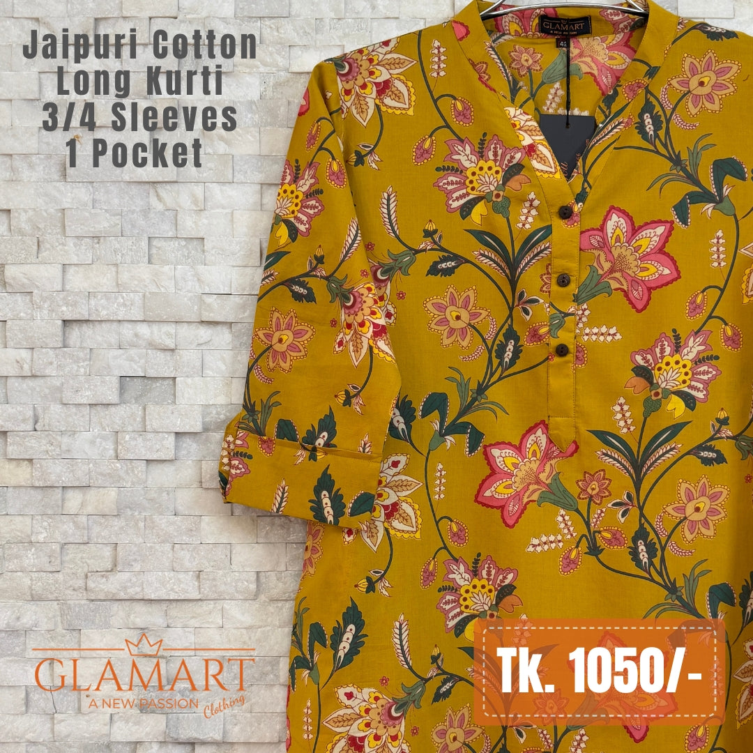 Jaipuri Cotton Long Kurti - Mustard Yellow with Multicolored Floral Print