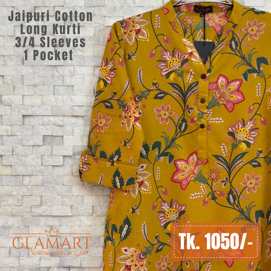 Jaipuri Cotton Long Kurti - Mustard Yellow with Multicolored Floral Print