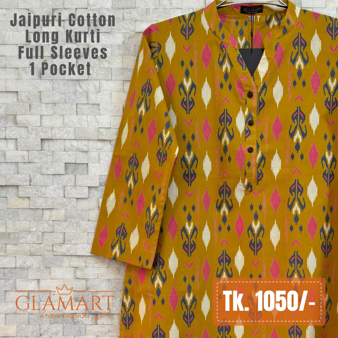 Jaipuri Cotton Long Kurti - Mustard Yellow with Magenta & Blue Ikat Print