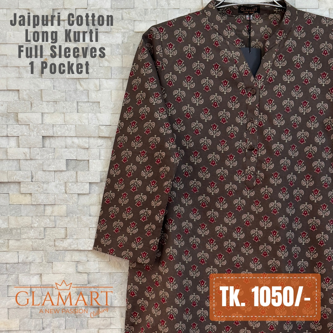 Jaipuri Cotton Long Kurti - Coffee Brown with Maroon Floral Butti Print