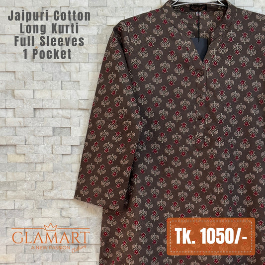Jaipuri Cotton Long Kurti - Coffee Brown with Maroon Floral Butti Print