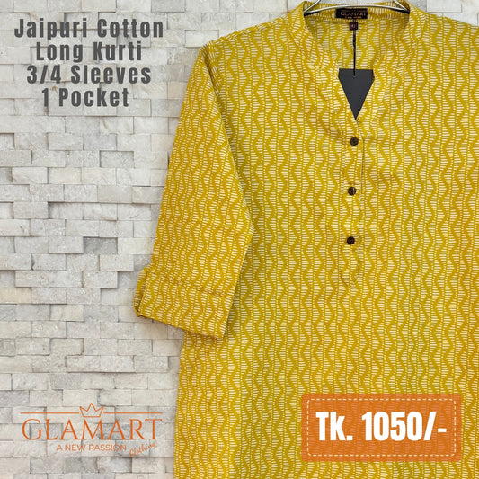 Jaipuri Cotton Long Kurti - Mustard Yellow & White Zig-Zag Leheriya Print