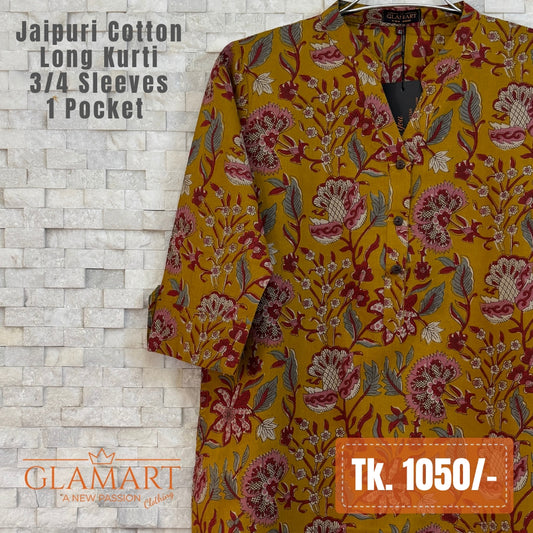 Jaipuri Cotton Long Kurti - Mustard Brown with Red & Sage Floral Kalamkari Print
