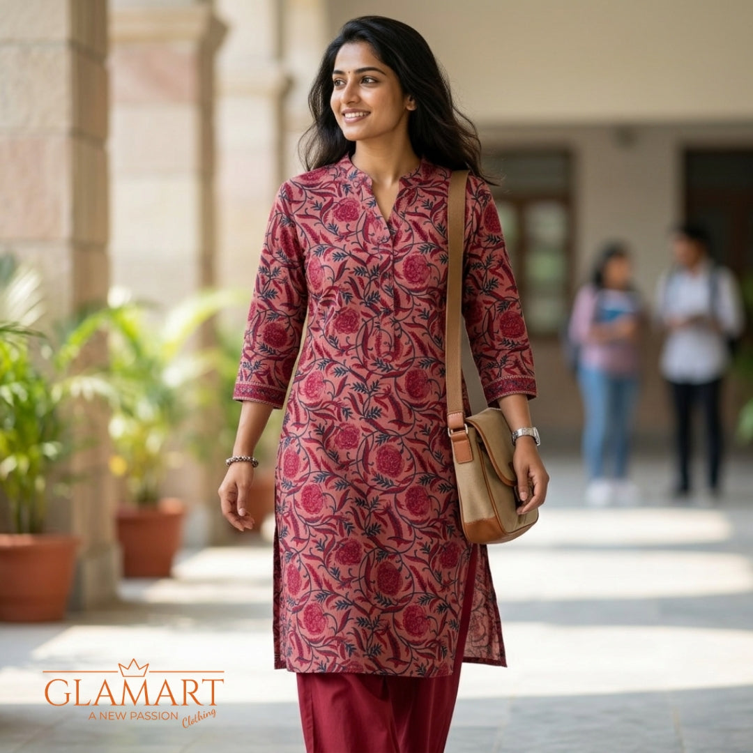 Jaipuri Cotton Long Kurti - Dusty Rose Floral Print
