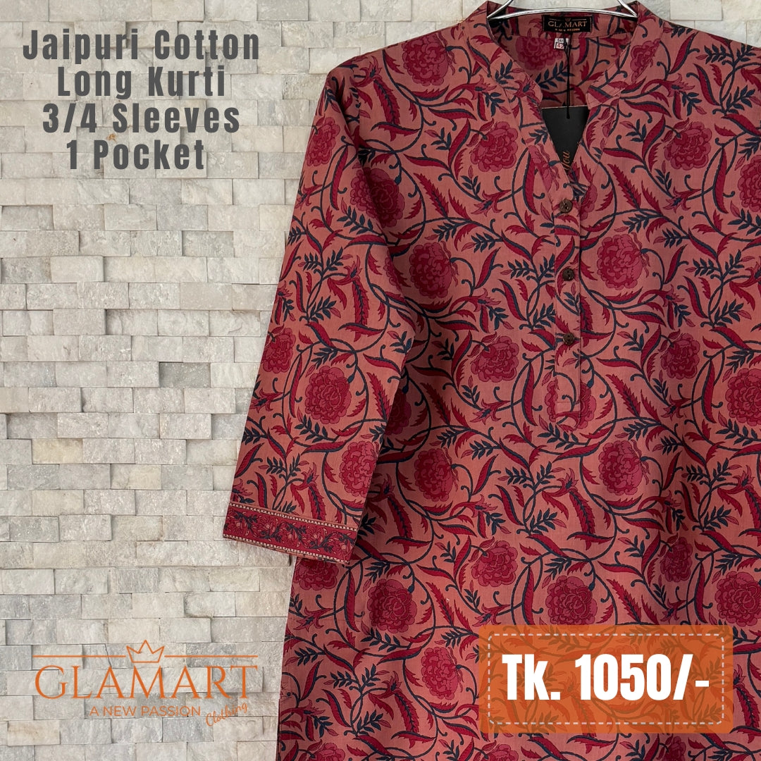 Jaipuri Cotton Long Kurti - Dusty Rose Floral Print