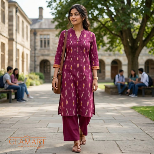 Jaipuri Cotton Long Kurti - Plum Magenta Ikat Print