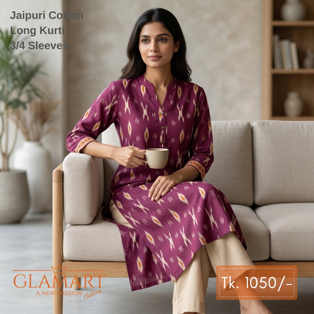 Jaipuri Cotton Long Kurti - Plum Ikat Print