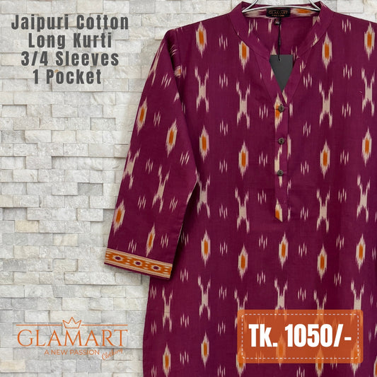 Jaipuri Cotton Long Kurti - Plum Magenta Ikat Print