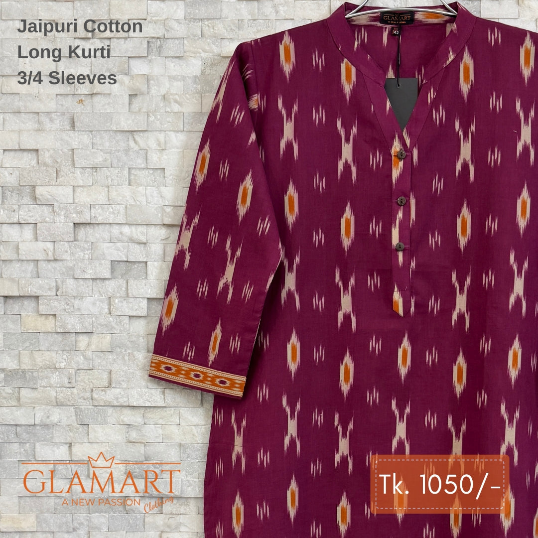 Jaipuri Cotton Long Kurti - Plum Ikat Print