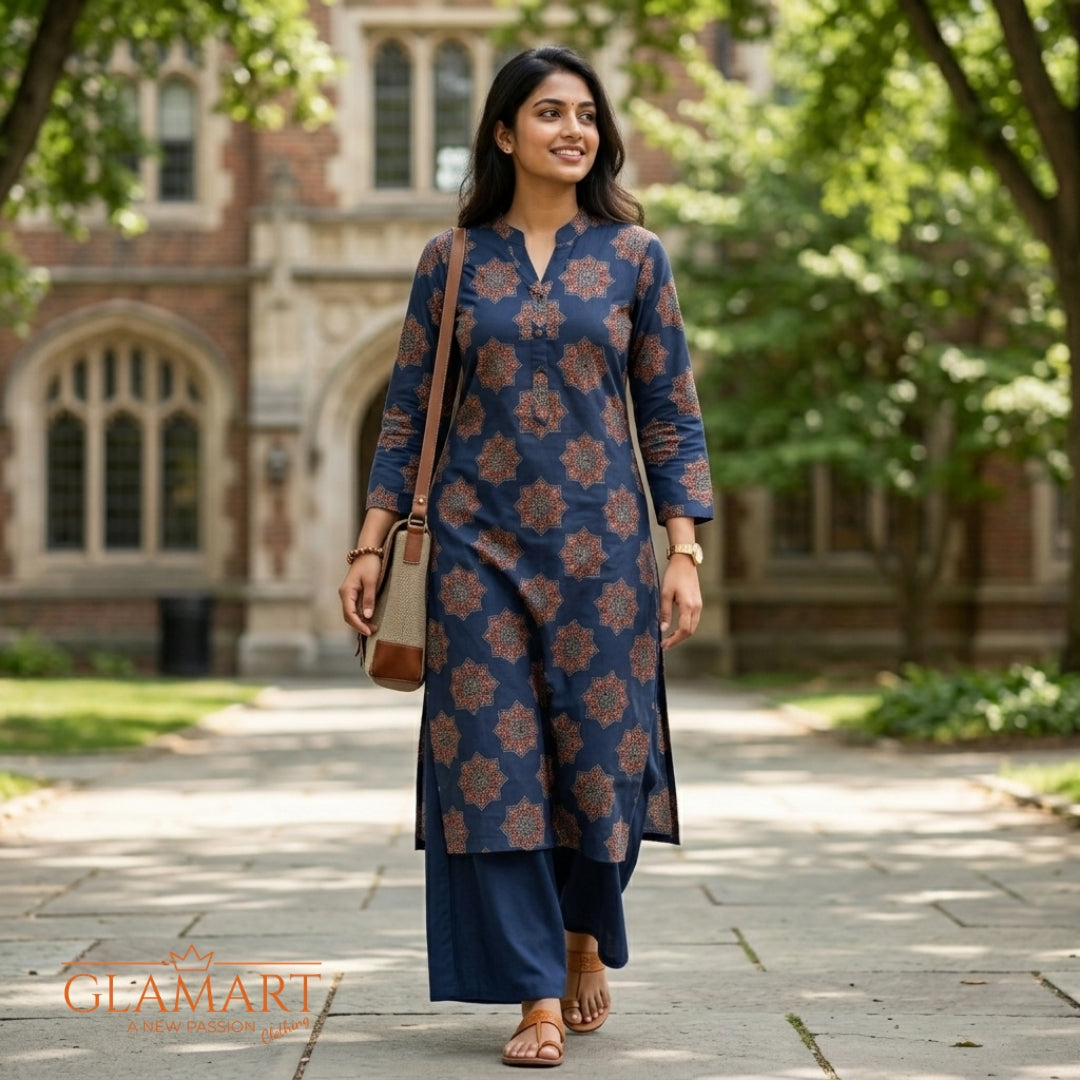 Jaipuri Cotton Long Kurti - Navy Blue & Maroon Mandala Print
